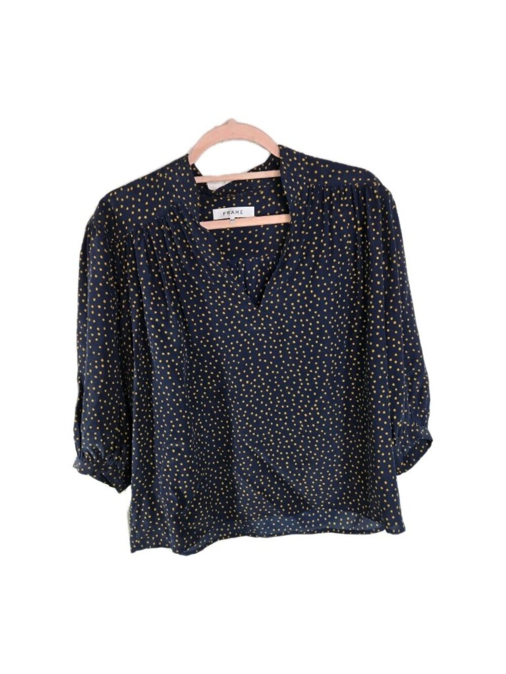 Frame Cali Top Silk Blouse, Navy Blue Polka Dot 100% Silk Popover Tunic